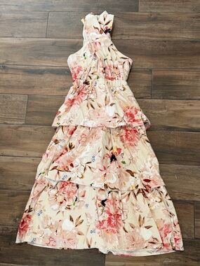 Express Cream Floral Dress with Pink and Brown Accents